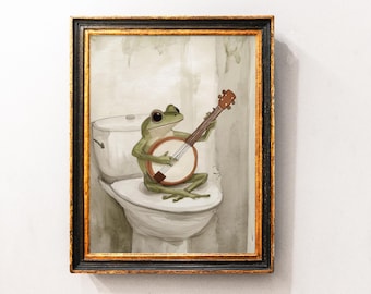 Banjo Frog on Toilet, Bathroom Wall Decor, Funny Retro Frog Poster, Silly Bathroom Print, Frog Art Print, Frog Home Decor,  Digital Download