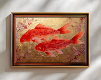Lámina artística de pez dorado Japandi, pintura de peces vintage, decoración de cocina con peces dorados, decoración de habitaciones con estética dorada, descarga digital.