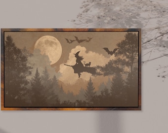 Halloween Hexe Kunstdruck: Fliegender Besen, Spuk Vollmond (Digitaler Download)