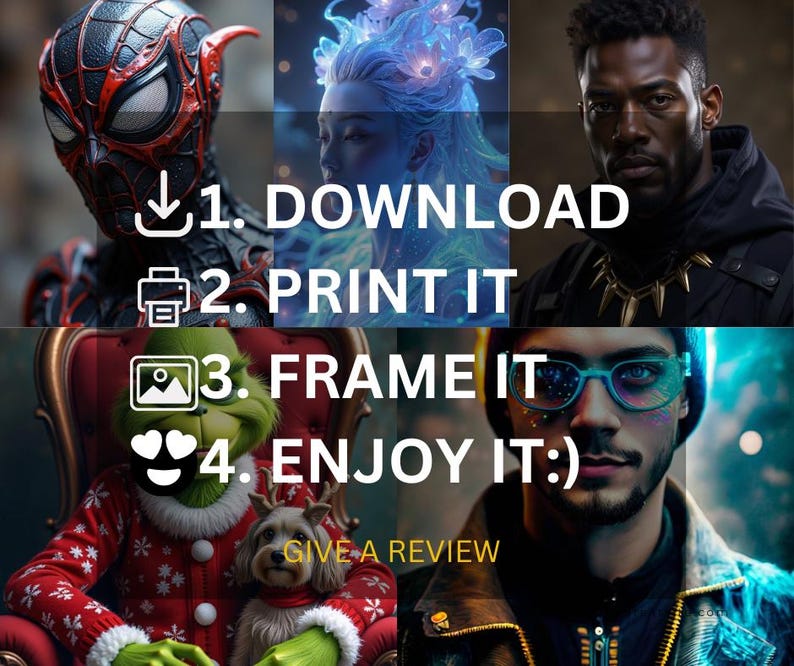 May include: A digital art print with instructions: Download, Print It, Frame It, and Enjoy It. The image features four portraits: a superhero, a woman with glowing hair, a man with a necklace, and a man with glasses. The text "GIVE A REVIEW" is also present.