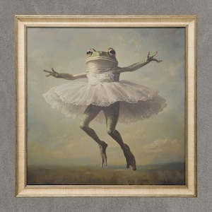 May include: A painting of a frog wearing a white tutu and leaping in the air. The frog has a green body and a white background.