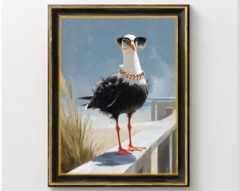 Stylish Seagull Art Print, Seagull on the Beach Decoration, Seagull Painting for Living Room and Bathroom Decor, Chic Beach Poster