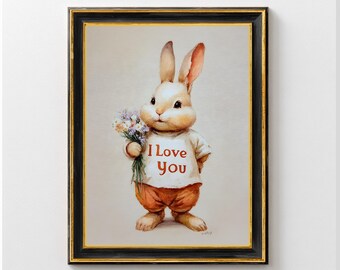 Kids Nursery Bunny Vintage Art Print - Bunny Printable Wall Art - Bunny Holding Flowers - Spring Home Decor - Cottagecore Bunny Painting