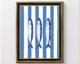 Blue Sardine Print, Vintage Style Fishes Print, Coastal Wall Art, Nautical Illustration, Ocean Fish Decor, Marine Life Printable