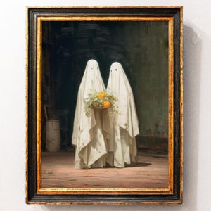 Ghost Couples Wall Art Print, Cute Halloween Romantic Printable, Sheeted Ghost Art Print, Romantic Dark Academia Room Decor image 1