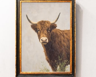 Lámina artística de vaca de las Tierras Altas, arte mural de vaca escocesa, decoración rústica de granja, póster de granja de ganado, pintura vintage de animales de campo.