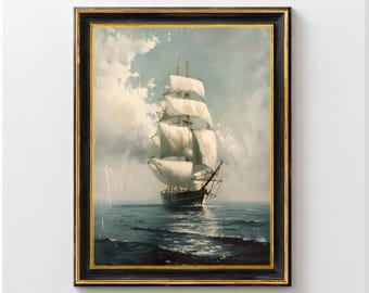 Vintage sailboat painting, nautical wall decor, neutral ocean art, summer seascape oil print, beach house digital download