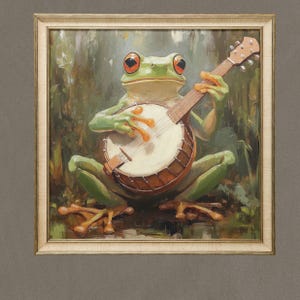 Impression d'art banjo grenouille vintage, art mural grenouille jouant de la guitare, affiche grenouille rétro victorienne, décoration grenouille drôle pour les mélomanes
