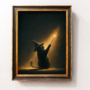 Black Cat Witch Halloween Art Print: Dark Cottagecore Decor (Digital Download)
