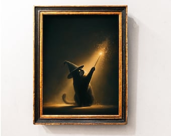 Black Cat Witch Halloween Art Print: Dark Cottagecore Decor (Digital Download)