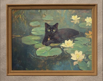 Impresión de arte de pared de gato negro Monet, póster de arte de gato vintage, decoración de gato en nenúfares para habitación, dormitorio, sala de estar, baño, decoración de pared estética