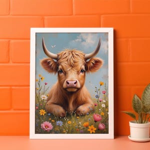 Vintage Highland Cow Wall Art Print, Cow and Wildflowers Oil Painting, Highland Cow Artwork, Wildflowers Print, Vintage Cow Home Decor Print
