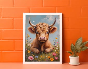 Vintage Highland Cow Wall Art Print, Cow and Wildflowers Oil Painting, Highland Cow Artwork, Wildflowers Print, Vintage Cow Home Decor Print