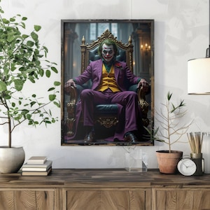 L'arte murale di Joker, ritratto di Joker su un trono, stampabile di Joker, stampa di un clown oscuro e inquietante / poster decorativo da parete con estetica da cattivo,