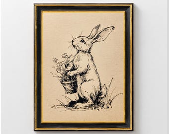 Lámina artística vintage de conejo de Pascua, decoración rústica de conejo primaveral, arte mural de animales para guardería, descarga imprimible de estilo cottagecore, imprimible de conejo kawaii