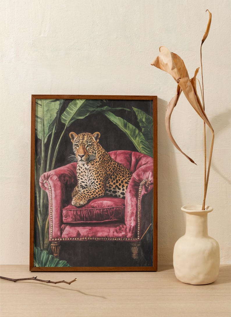 Pink leopard wall art, Trendy Wall Art, Vintage Black Puma Print, Pink Maximalist Print, Dark Boho Wall Art, Maximalist leopard Print image 5