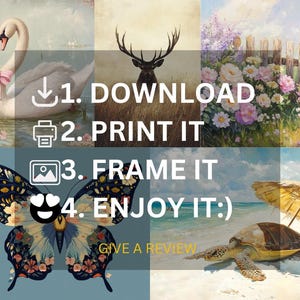 May include: A four-panel collage featuring a swan, a deer, flowers, and a turtle on a beach. Text reads "DOWNLOAD," "PRINT IT," "FRAME IT," "ENJOY IT :)" and "GIVE A REVIEW."