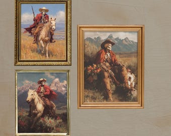 Skeletons Cowboy Gallery Set of 3 Vintage Wall Art Prints | Dark Academia Art| Cowboy Skeleton Painting | Halloween Art Instant Print
