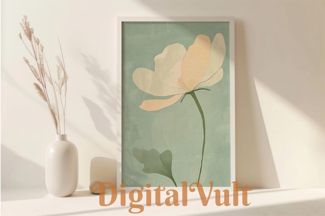 Minimalist Floral Boho Wall Art Print, Mid-century Modern Green Flower ...