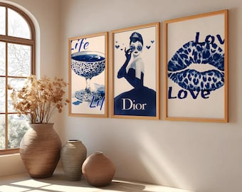 Set di 3 stampe alla moda, decorazioni murali blu navy, pacchetto di 3 stampe blu, decorazioni per dormitori in stile preppy, stampa digitale elegante per camera da letto
