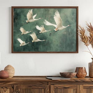 Flying Cranes wall art Print, Vintage Bird Prints, Antique Japanese Wall Art, Green Decor, Japanese Style Artwork, Boho Bird Wall Decor image 6