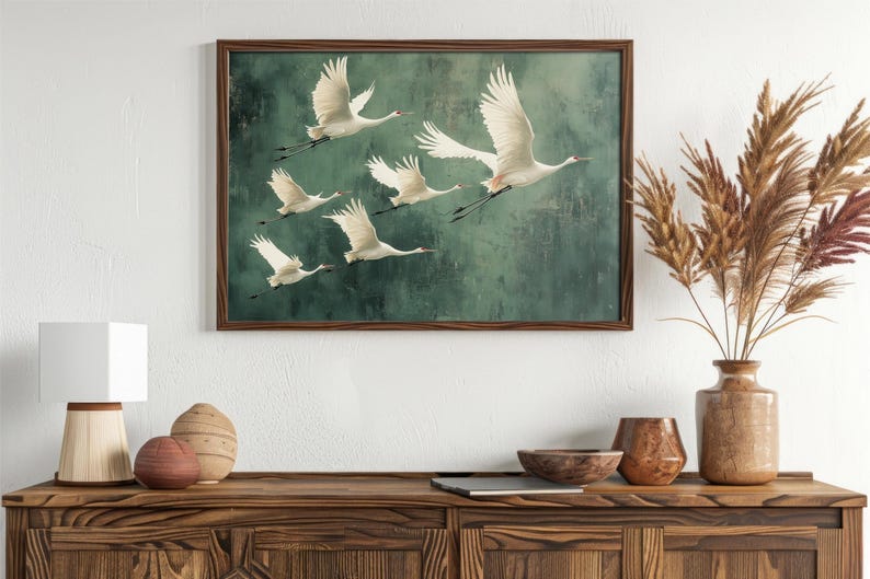 Flying Cranes wall art Print, Vintage Bird Prints, Antique Japanese Wall Art, Green Decor, Japanese Style Artwork, Boho Bird Wall Decor image 6