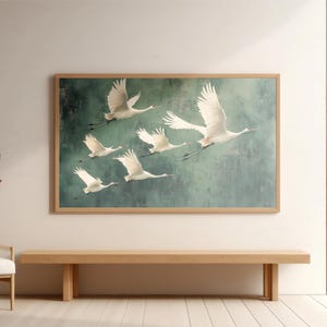 Flying Cranes wall art Print, Vintage Bird Prints, Antique Japanese Wall Art, Green Decor, Japanese Style Artwork, Boho Bird Wall Decor image 5