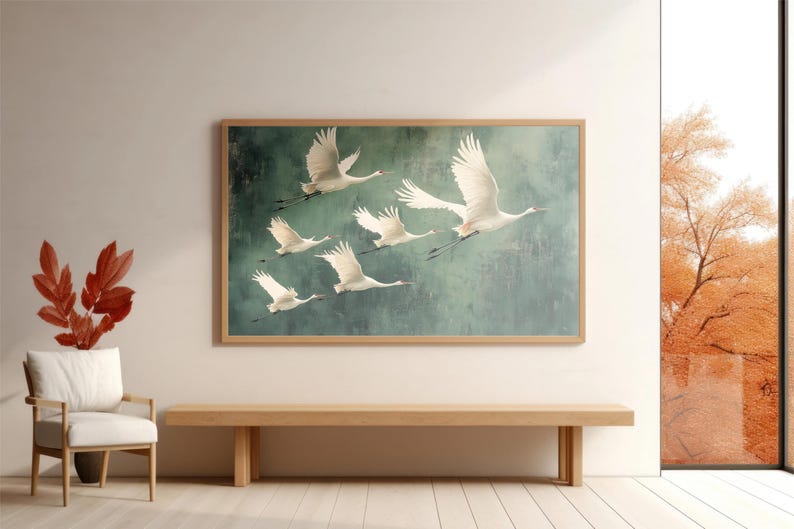 Flying Cranes wall art Print, Vintage Bird Prints, Antique Japanese Wall Art, Green Decor, Japanese Style Artwork, Boho Bird Wall Decor image 5