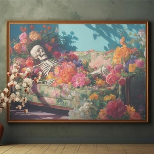 Sleeping Skeleton Botanical Wall Art Print | Spooky Art | Romantic Halloween Decor | Academia | Spooky  | Halloween Art Printable Download
