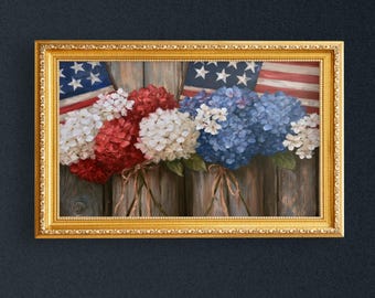 Lámina artística con la bandera estadounidense y motivos florales / Imprimible con flores de EE. UU. / Decoración botánica patriótica para el hogar del 4 de julio / Descarga digital