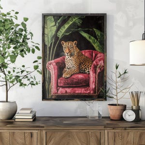 Pink leopard wall art, Trendy Wall Art, Vintage Black Puma Print, Pink Maximalist Print, Dark Boho Wall Art, Maximalist leopard Print image 3