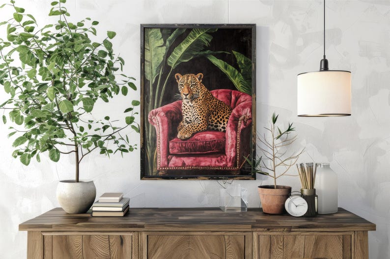 Pink leopard wall art, Trendy Wall Art, Vintage Black Puma Print, Pink Maximalist Print, Dark Boho Wall Art, Maximalist leopard Print image 3