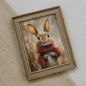 Cute Bunny with Red Scarf wall art Print, Spring Rabbit Painting Printable Wall Art, Animal Cottagecore Decor, Digital Download