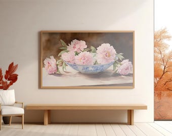 Impresión vintage de peonías rosas, arte mural de peonías, arte moderno de peonías coloridas, pintura al óleo de peonías, póster de hermosas flores de verano, arte digital