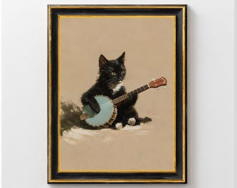 Lámina decorativa de pared con un divertido gato tocando el banjo, póster de gato original, arte infantil con un toque western, idea de regalo retro para amantes de los gatos, decoración de estilo rústico.