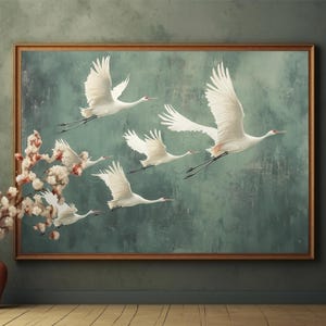 Flying Cranes wall art Print, Vintage Bird Prints, Antique Japanese Wall Art, Green Decor, Japanese Style Artwork, Boho Bird Wall Decor image 2
