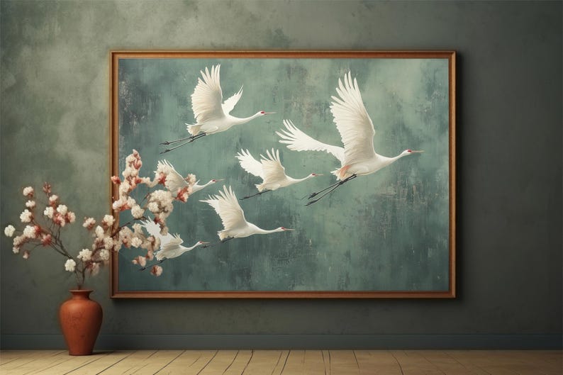 Flying Cranes wall art Print, Vintage Bird Prints, Antique Japanese Wall Art, Green Decor, Japanese Style Artwork, Boho Bird Wall Decor image 2