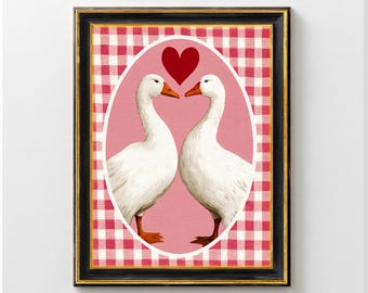 Impresión artística de pareja de gansos para San Valentín, obra de arte minimalista de gansos, decoración romántica de estilo rústico, arte mural digital, regalo de San Valentín