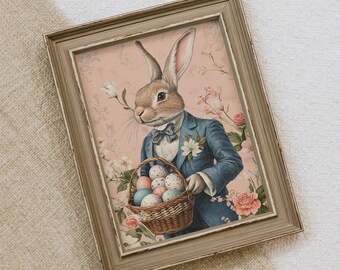 Gentleman Osterhase Vintage Druck, Gentleman Hase druckbare Wandkunst, Frühling Hase Liebhaber Dekor, antikes Häschen Gemälde