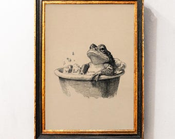 Lámina artística de rana divertida en la bañera, decoración de pared para baño con rana divertida, póster retro de sapo, lámina artística vintage de rana, decoración de rana, arte digital