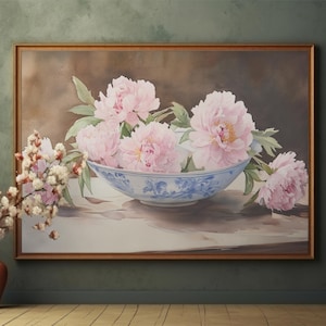 Vintage Pink Peonies print, Peonies Wall Art, modern colorful peony art, Peony Oil Painting, Beautiful summer flowers poster, Digital Art