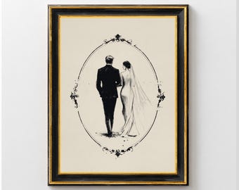 Romantic Marriage Art Print, Couple Wedding Decor, Vintage Heart Digital Download, Romantic Home Wall Art, Valentine's Day Gift Idea