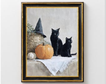 Lámina artística de gatos negros y brujas, pintura de gatos para Halloween, decoración vintage de gatitos, arte de pared espeluznante para amantes de los gatos, descarga digital.
