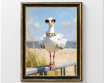 Silly Seagull at the Beach Wall Art, Seagull on the Beach Decoration, Seagull Painting for Living Room and Bathroom Decor, Chic Beach Poster