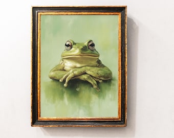Lámina artística de rana gruñona, decoración de pared para baño, póster retro de sapo, lámina artística vintage de rana, decoración divertida y adorable para el hogar, descarga digital