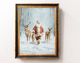 Vintage Santa Claus And Reindeers Print, Vintage Reindeer Wall Art, Christmas Painting, Cozy Winter Scene Decor, Holiday Wall Decor