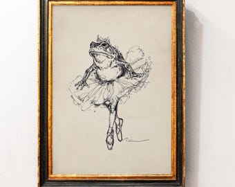 Arte de pared de rana bailarina, póster vintage de rana divertida, rana bailarina, decoración de pared imprimible para baño, lámina retro de sapo, arte de animales de ballet