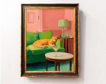 Funny Orange Cat Martini Wall Art Print, Cute Cat Kitchen Poster, Cocktail Bar Art Decor, Orange Cat Room Wall Art, Cocktail Cat Art Poster