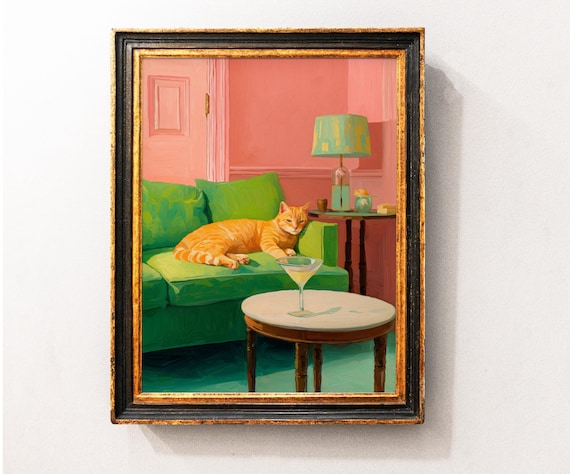 Funny Orange Cat Martini Wall Art Print, Cute Cat Kitchen Poster, Cocktail Bar Art Decor, Orange Cat Room Wall Art, Cocktail Cat Art Poster