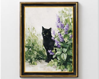 Decoración de pared con gato negro y flores violetas, póster vintage de gato y flores, lámina imprimible de gato y flores violetas, decoración floral para el hogar, pintura al óleo de gatito adorable